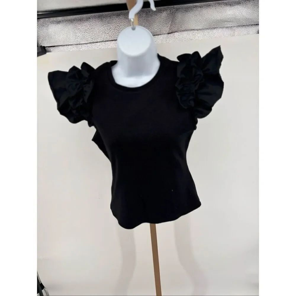 Anthropologie Ruffle Short Sleeve Fitted Top Size XS Black Knit